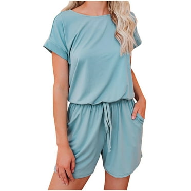 Lenpel Romper for Women Summer Short Sleeve Boat Neck Elastic Waist Drawstring Casual Jumpsuits Loose Overall Shorts