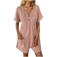 thumbnail image 1 of Lenpel Romper for Women Summer V Neck Short Sleeve Wide Leg Ruched Casual Jumpsuits Loose Overall Shorts with Pockets, 1 of 7