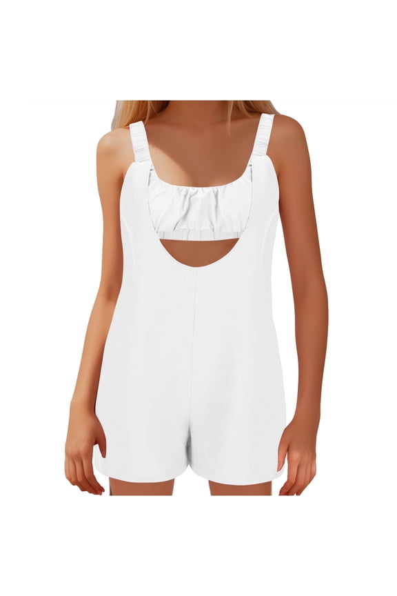 Rompers for Women Summer Casual Sleeveless Square Neck Padded Backless Elastic Strap Jumpsuits Loose Short Overalls