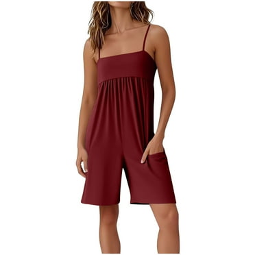 Lenpel Rompers for Women Summer Casual Sleeveless Square Neck Spaghetti Strap Jumpsuits Loose Short Overalls with Pockets