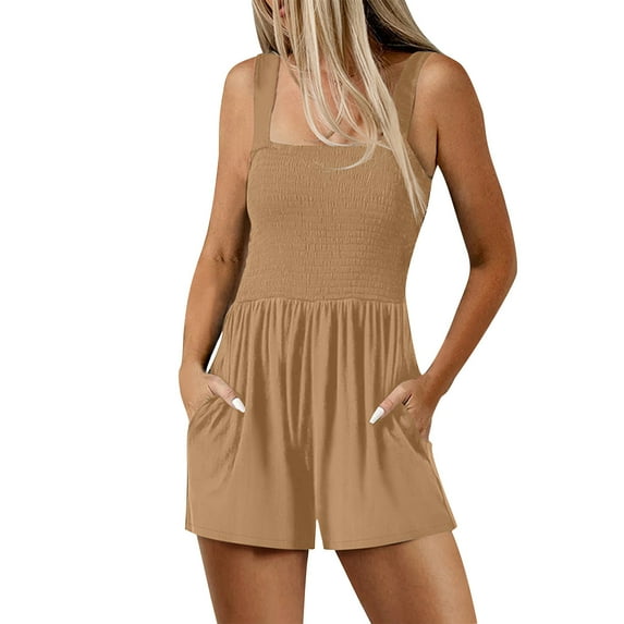 Lenpel Rompers for Women Summer Casual Sleeveless Strap Square Neck Ruched Jumpsuits Fashion Overall Shorts with Pockets
