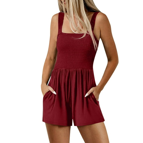 Lenpel Rompers for Women Summer Casual Sleeveless Strap Square Neck Ruched Jumpsuits Fashion Overall Shorts with Pockets
