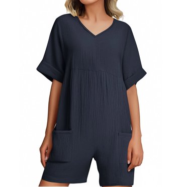 Lenpel Rompers for Women Summer Short Sleeve V Neck Ruched Casual Jumpsuits Loose Overall Shorts with Pockets