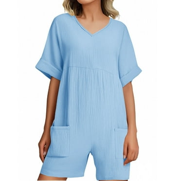 Lenpel Rompers for Women Summer Short Sleeve V Neck Ruched Casual Jumpsuits Loose Overall Shorts with Pockets