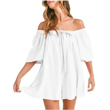 Lenpel Rompers for Women Trendy Elastic Square Neck Short Sleeve Casual Loose Jumpsuits Wide Leg Overall Shorts