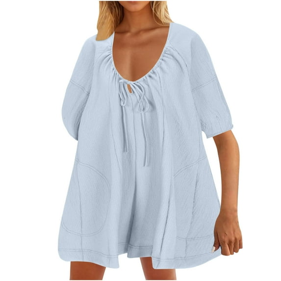 Lenpel Rompers for Women Puff Short Sleeve Scoop Neck Tie Front Pleated Oversized Short Jumpsuits Casual Loose Overall Shorts