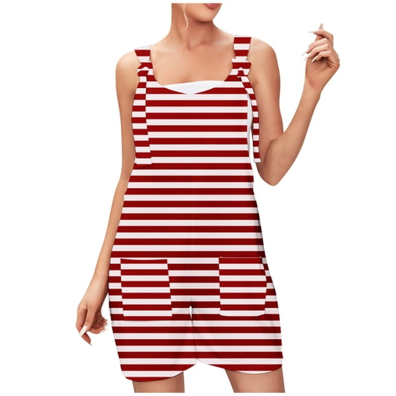 Lenpel Rompers for Women Sleeveless Scoop Neck Tie Knot Strap Striped Casual Jumpsuits Loose Overall Shorts with Pockets