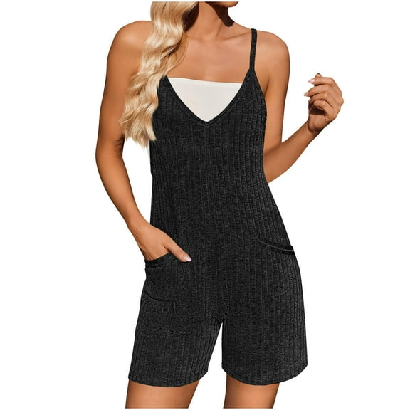 Lenpel Rompers for Women Soft Casual Spaghetti Strap V Neck Ribbed Knit Sleeveless Jumpsuits Summer Short Overalls with Pockets