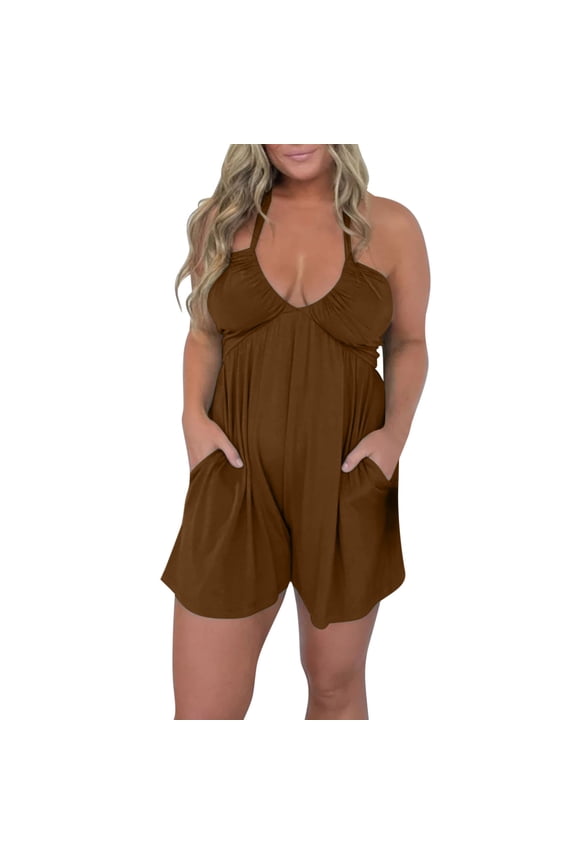 Rompers for Women Summer Halter V Neck Spaghetti Strap Sleeveless Jumpsuits Casual Loose Overall Shorts with Pockets