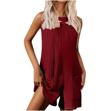 Lenpel Rompers for Women Summer Sleeveless Crew Neck Tank Top Ribbed Knit Casual Jumpsuits Loose Short Overalls with Pockets