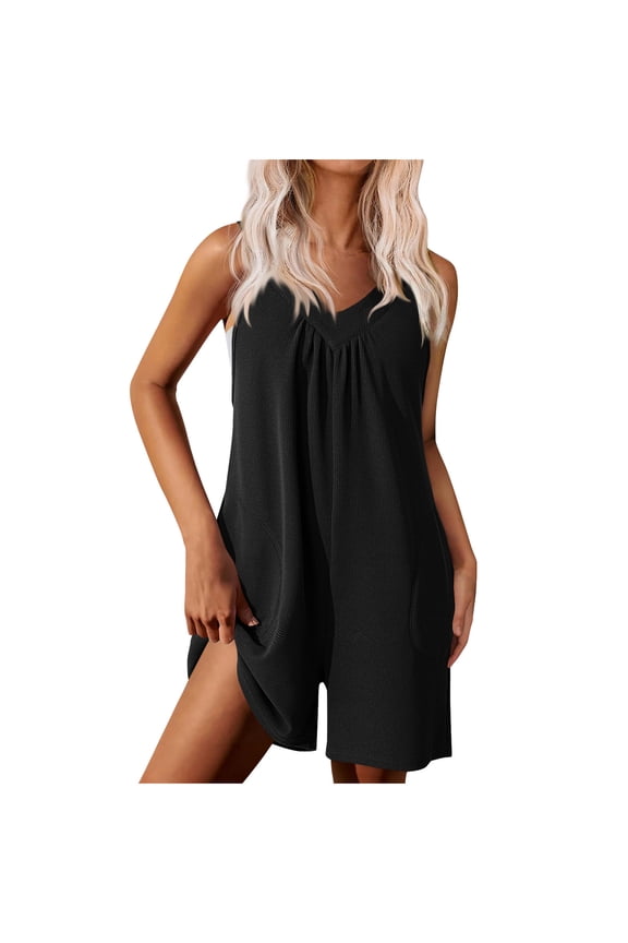 Rompers for Women Summer Sleeveless V Neck Textured Spaghetti Strap Jumpsuits Casual Loose Overall Shorts with Pockets