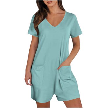 Lenpel Rompers for Women V Neck Short Sleeve Loose Casual Short Jumpsuits Summer Overalls with Pockets