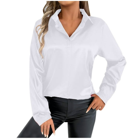 Lenpel Satin Blouses for Women Dressy Casual Long Sleeve V Neck Collared Button down Shirts Business Work Tops
