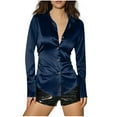 thumbnail image 1 of Lenpel Satin Blouses for Women Long Sleeve Collared Side Ruched Curved Hem Button down Shirts Dressy Casual Tops(Navy,Large), 1 of 7