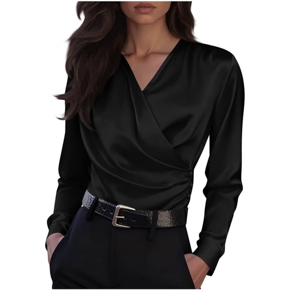 Lenpel Satin Blouses for Women Long Sleeve Warp V Neck Side Button Ruched Trendy Dressy Tops Business Casual Work Shirts(Black,Medium)