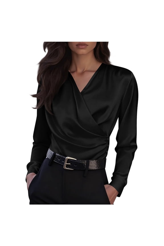 Satin Blouses for Women Long Sleeve Warp V Neck Side Button Ruched Trendy Dressy Tops Business Casual Work Shirts(Black,X-Large)