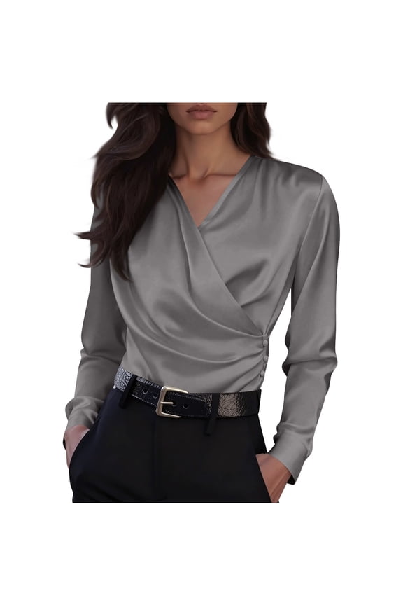 Satin Blouses for Women Long Sleeve Warp V Neck Side Button Ruched Trendy Dressy Tops Business Casual Work Shirts(Gray,Large)
