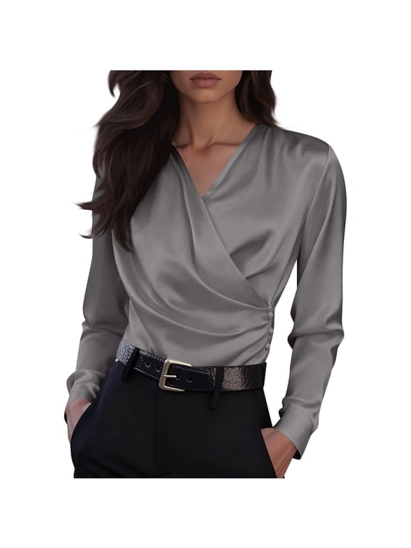 Satin Blouses for Women Long Sleeve Warp V Neck Side Button Ruched Trendy Dressy Tops Business Casual Work Shirts(Gray,Small)