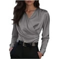 thumbnail image 1 of Lenpel Satin Blouses for Women Long Sleeve Warp V Neck Side Button Ruched Trendy Dressy Tops Business Casual Work Shirts(Gray,X-Large), 1 of 7