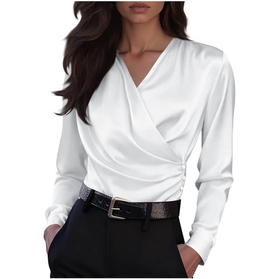 Lenpel Satin Blouses for Women Long Sleeve Warp V Neck Side Button Ruched Trendy Dressy Tops Business Casual Work Shirts(White,Large)