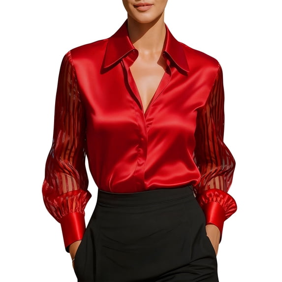 Lenpel Satin Blouses for Women Mesh Long Sleeve Collared Button down Shirts Business Casual Work Tops Dressy Office Blouses(Red,XX-Large)
