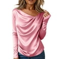 thumbnail image 1 of Lenpel Satin Blouses for Women Trendy Long Sleeve Crew Neck Ruched Curved Hem Dressy T Shirts Business Casual Tops(Pink,X-Large), 1 of 5