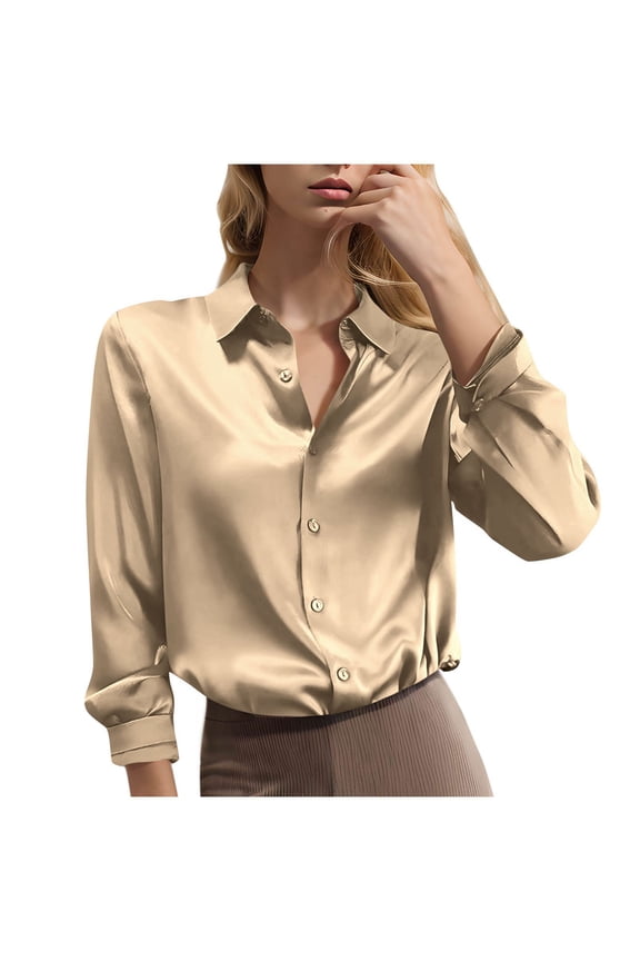 Satin Silk Blouses for Women Long Sleeve Collared Button down Shirts Business Casual Tops Loose Work Shirts(Beige,Large)