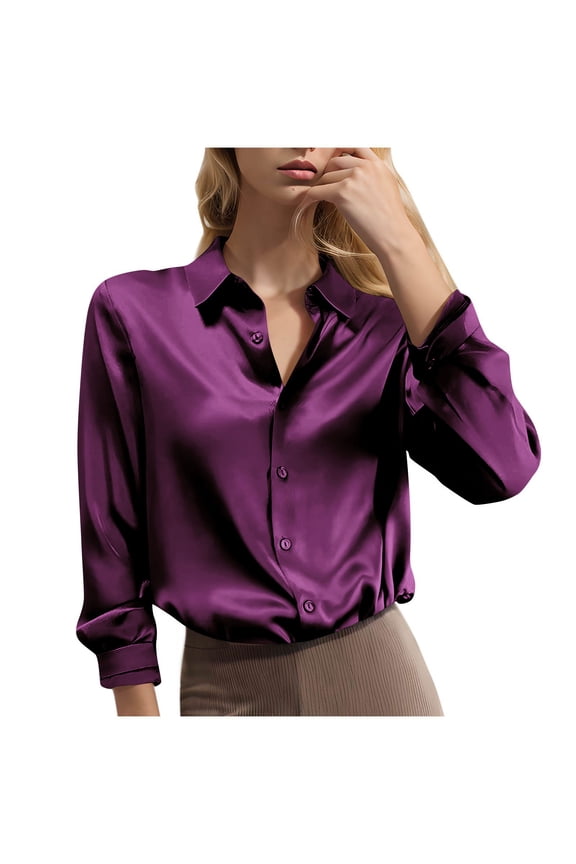 Satin Silk Blouses for Women Long Sleeve Collared Button down Shirts Business Casual Tops Loose Work Shirts(Purple,X-Large)
