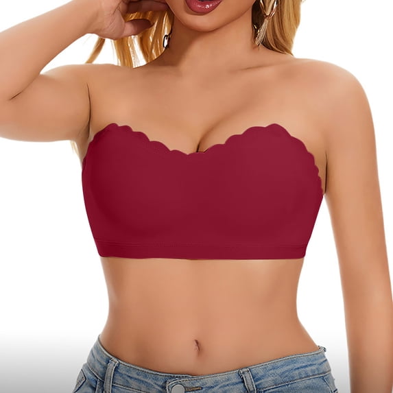 Lenpel Seamless Strapless Bras for Women Wireless Scalloped Trim Push up Bandeau Bras Tube Top Bralettes with Removable Straps