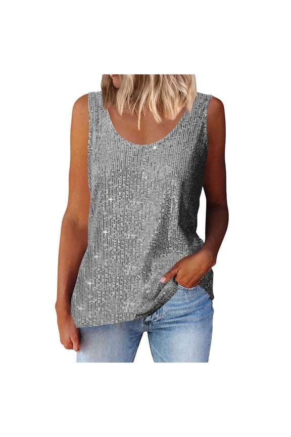 Sequin Tops for Women Fashion Summer Sleeveless Scoop Neck Plus Size Sparkly Tanks Tops Glitter Camisole Blouses