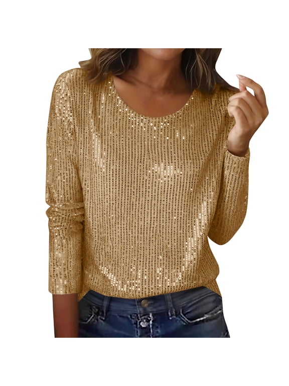 Sequin Tops for Women Casual Loose Long Sleeve Crew Neck Sparkly Glitter T Shirts Party Clubwear Blouses(Gold,Medium)