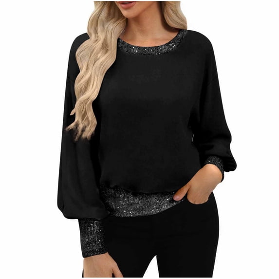 Lenpel Sequin Tops for Women Lantern Long Sleeve Crew Neck Glitter Patchwork Dressy Casual Shirts Loose Sparkly Blouses(Black,Large)