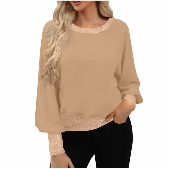 Lenpel Sequin Tops for Women Lantern Long Sleeve Crew Neck Glitter Patchwork Dressy Casual Shirts Loose Sparkly Blouses(Khaki,Small)