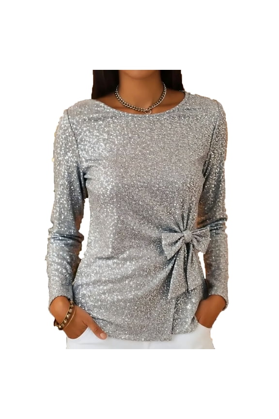 Sequin Tops for Women Sparkly Long Sleeve Crew Neck Bow Tie Side Slim Glitter Party Blouses Dressy Casual Tops(Silver,X-Large)