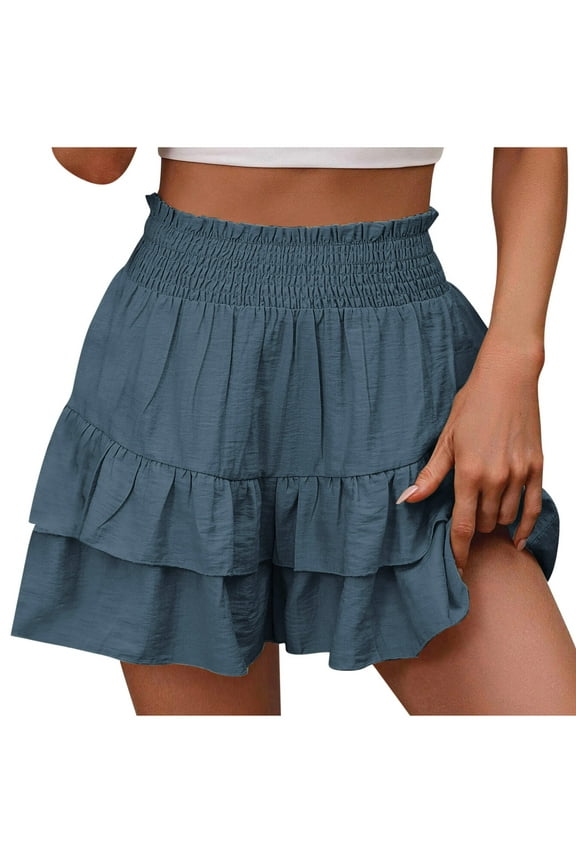 Shorts for Women Summer Casual Elastic High Waisted Wide Leg Pleated Ruffle Tiered Skorts Flowy Beach Shorts