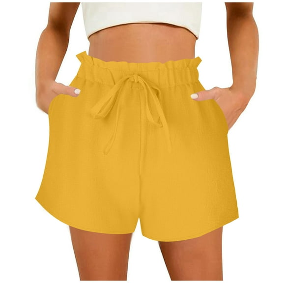 Lenpel Shorts for Women Ruffle Elastic High Waisted Drawstring Casual Shorts Summer Beach Shorts with Pockets