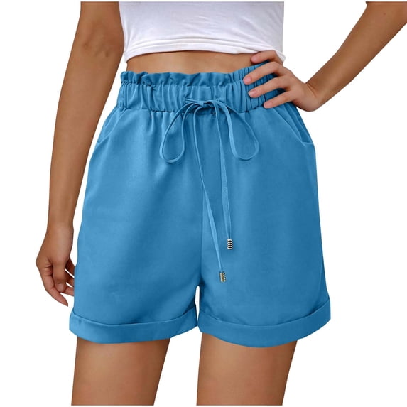 Lenpel Shorts for Women Ruffle Elastic High Waisted Drawstring Casual Shorts Trendy Summer Shorts with Pockets