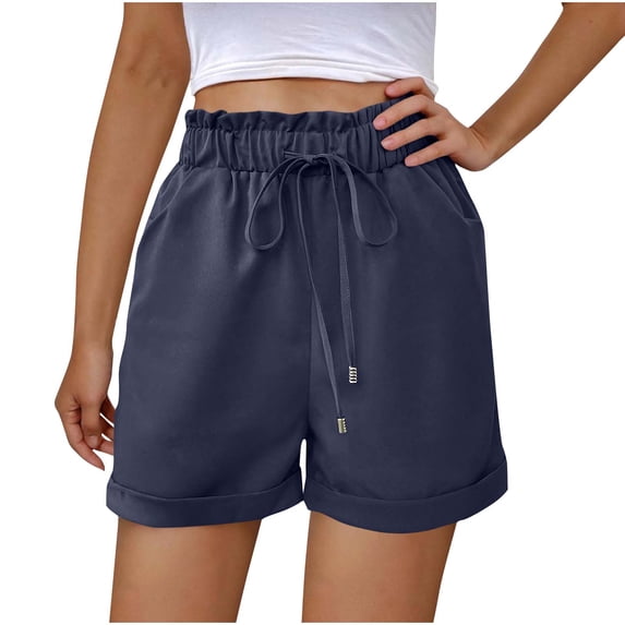 Lenpel Shorts for Women Ruffle Elastic High Waisted Drawstring Casual Shorts Trendy Summer Shorts with Pockets