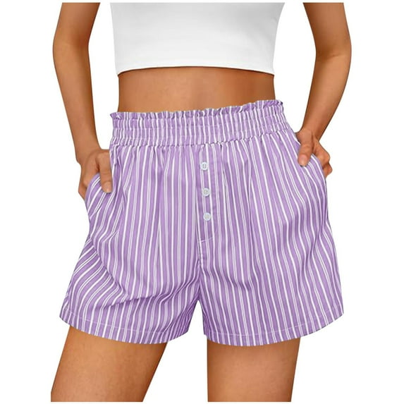 Lenpel Shorts for Women Ruffle Elastic High Waisted Striped Wide Leg Casual Shorts Trendy Summer Shorts with Pockets