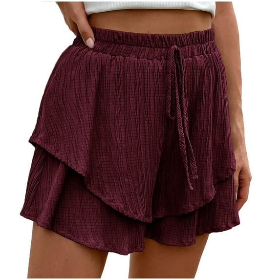 Lenpel Shorts for Women Summer Casual Elastic High Waisted Tie Front Pleated Tiered Skorts Flowy Beach Vacation Shorts