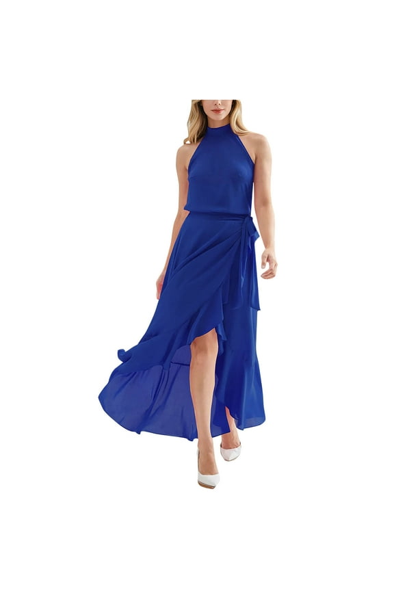 Sleeveless Dress for Women Halter Neck Split Ruffle Hem Flowy Maxi Dress Trendy Summer Dresses