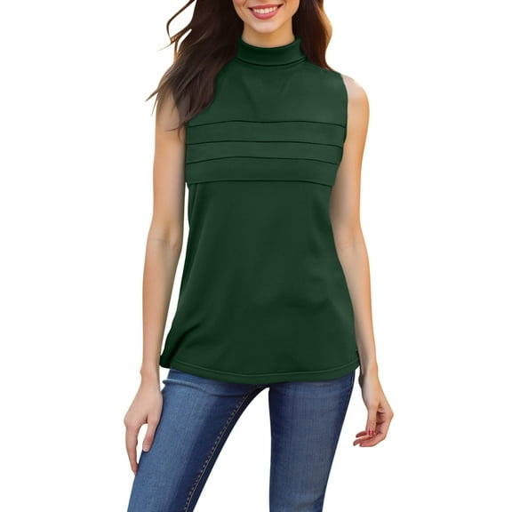 Lenpel Sleeveless T Shirts for Women Plus Size Mock Turtleneck Neck Pleated Front Slim Tank Tops Soft Casual Tunic Blouses