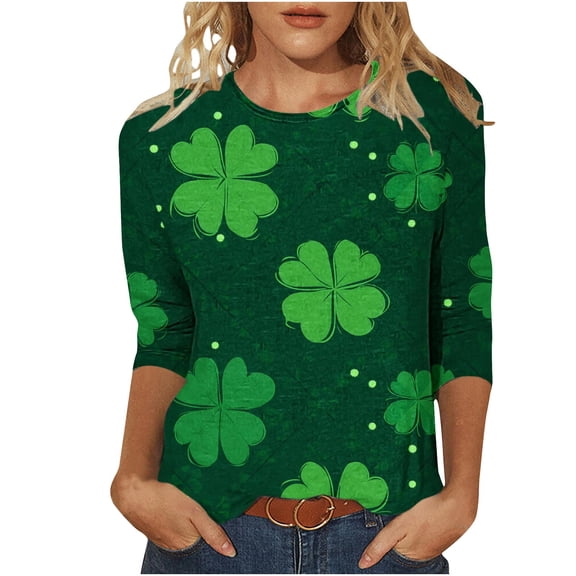 Lenpel St Patrick's Day Shirts for Women 3/4 Length Sleeve Crew Neck Casual Printed Blouse Spring Tunic Tops