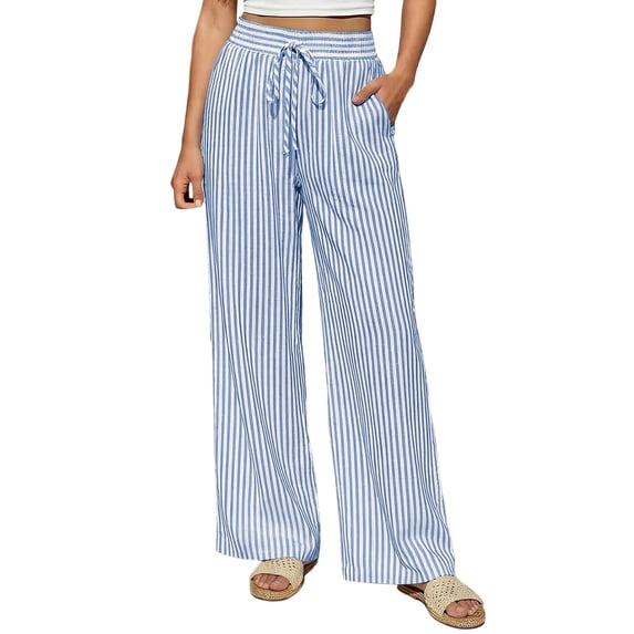 Lenpel Striped Palazzo Pants for Women Lounge High Waist Wide Leg Baggy Trousers Flowy Drawstring Clothes for Beach Vacation