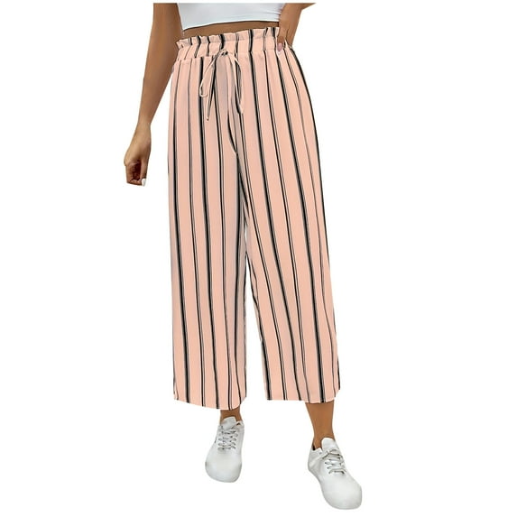 Lenpel Striped Wide Leg Pants for Women Loose High Waisted Drawstring Casual Trousers Lounge Beach Palazzo Pants