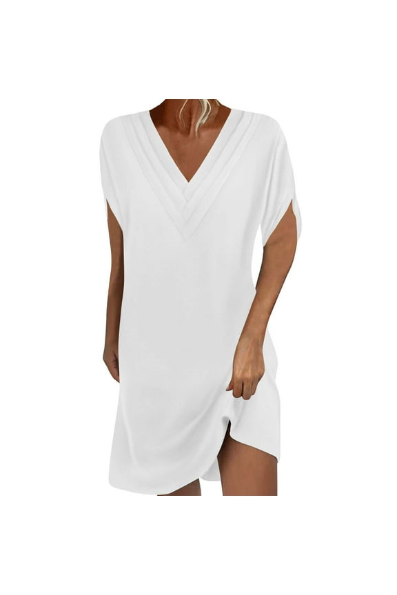 Summer Dresses for Women Casual Loose V Neck Short Sleeve Solid Color T Shirt Dress A-Line Midi Dresses