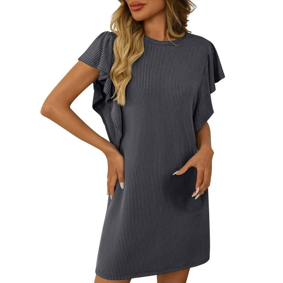 Lenpel Summer Dresses for Women Crew Neck Ruffle Short Sleeve Striped Textured Tunic Dress Midi Casual Dress