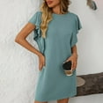 thumbnail image 1 of Lenpel Summer Dresses for Women Crew Neck Ruffle Short Sleeve Striped Textured Tunic Dress Midi Casual Dress, 1 of 1