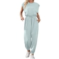 thumbnail image 1 of Lenpel Summer Jumpsuits for Women with Pockets Cap Sleeve Elastic Drawstring Waisted Overalls Loose Casual Rompers, 1 of 5