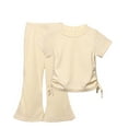 thumbnail image 1 of Lenpel Summer Outfits for Toddler Girls Short Sleeve Solid Color Ribbed T Shirts Flare Pants 2 Pcs Infant Clothes Set, 1 of 2